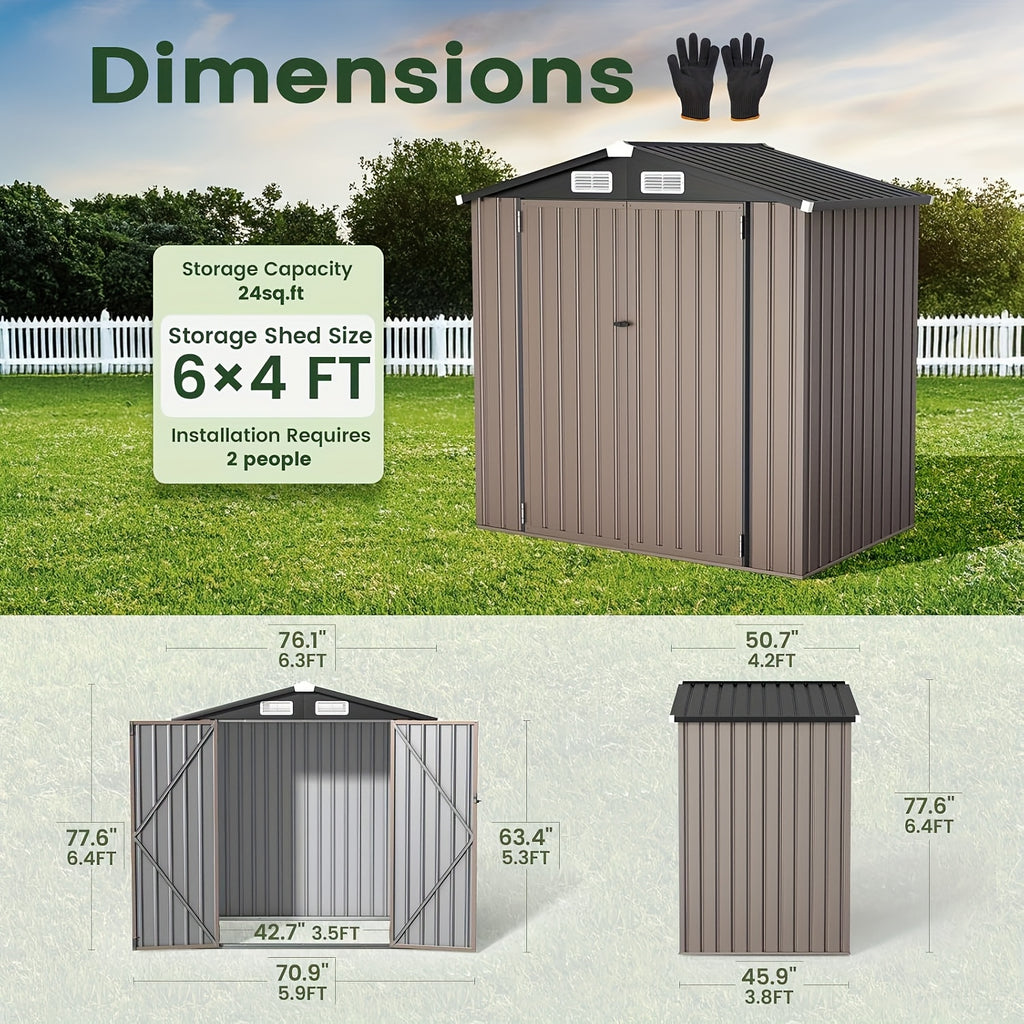 6x4ft Heavy-Duty Outdoor Metal Storage Shed with Floor - All-Weather Galvanized Steel Construction