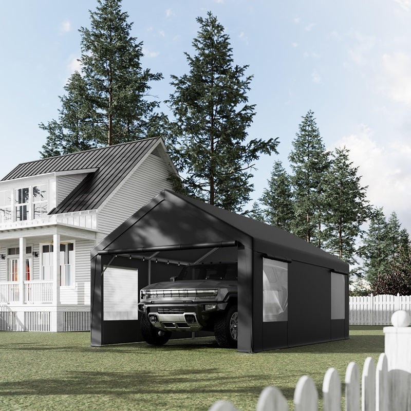 12x20 ft Heavy Duty Carport with Roll-up Windows, with Removable Sidewalls & Doors, All Season