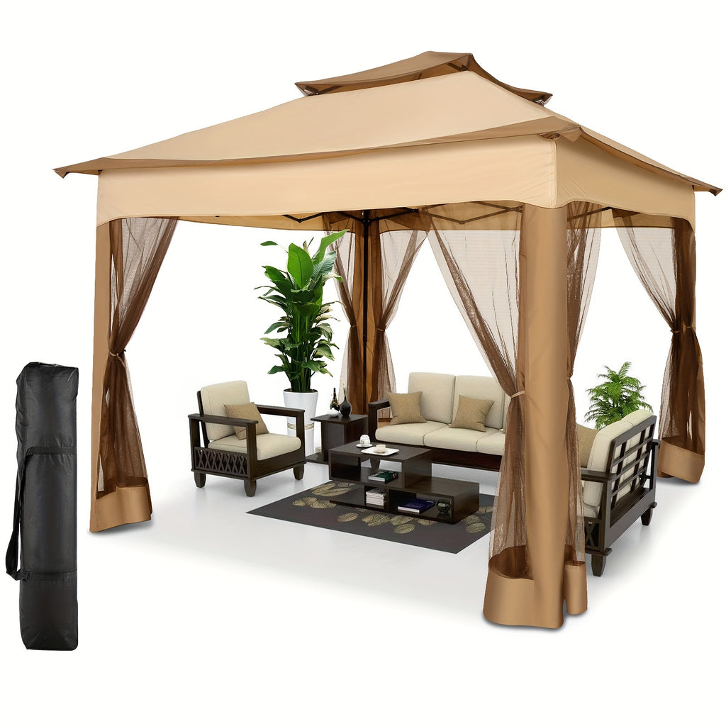 10x10ft Outdoor Gazebo with Mosquito Netting And Double Roof, Easy Set Water-Resistant Metal Gazebo with Alloy Frame