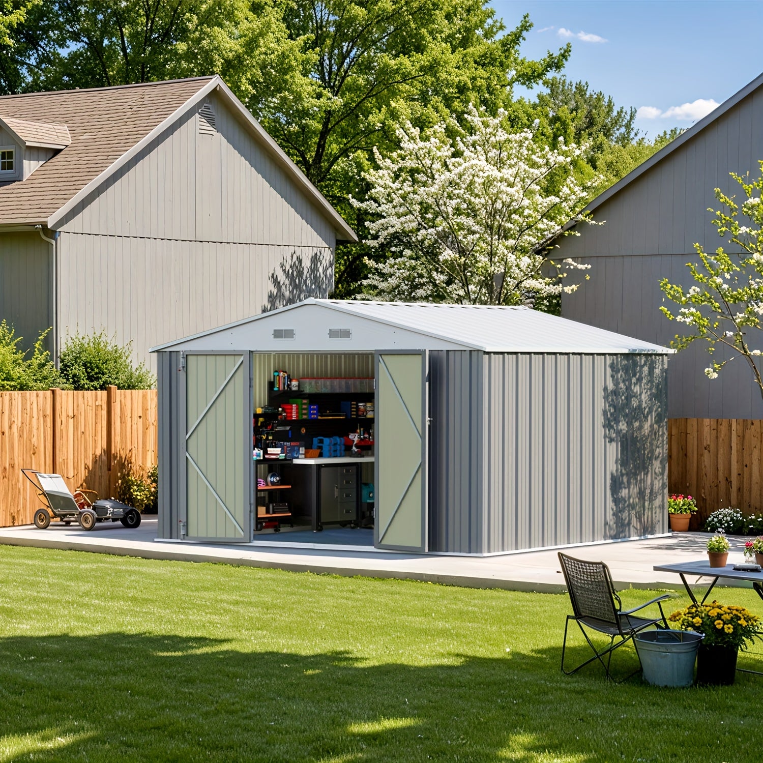 10 X 10ft Metal Storage Shed with Frame Floor and Goods Shelf