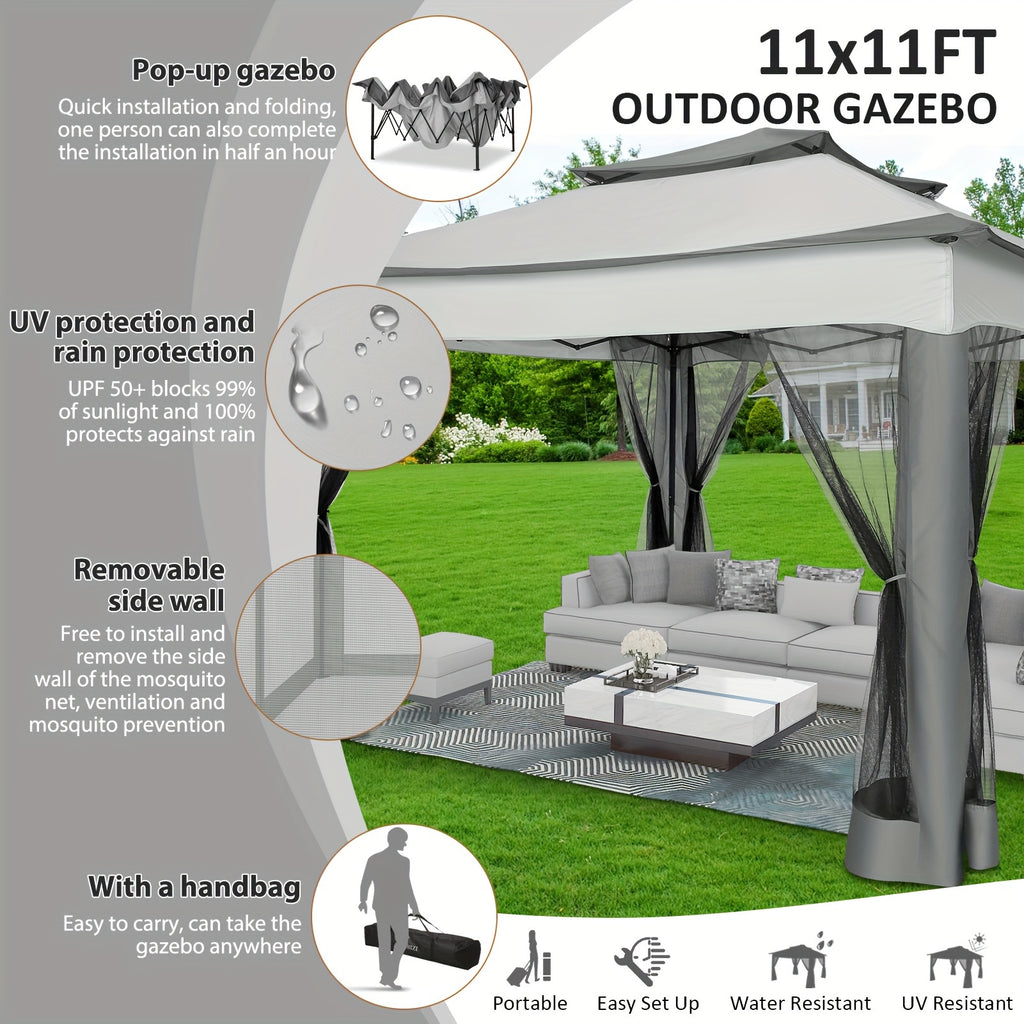 10x10ft Outdoor Gazebo with Mosquito Netting And Double Roof, Easy Set Water-Resistant Metal Gazebo with Alloy Frame