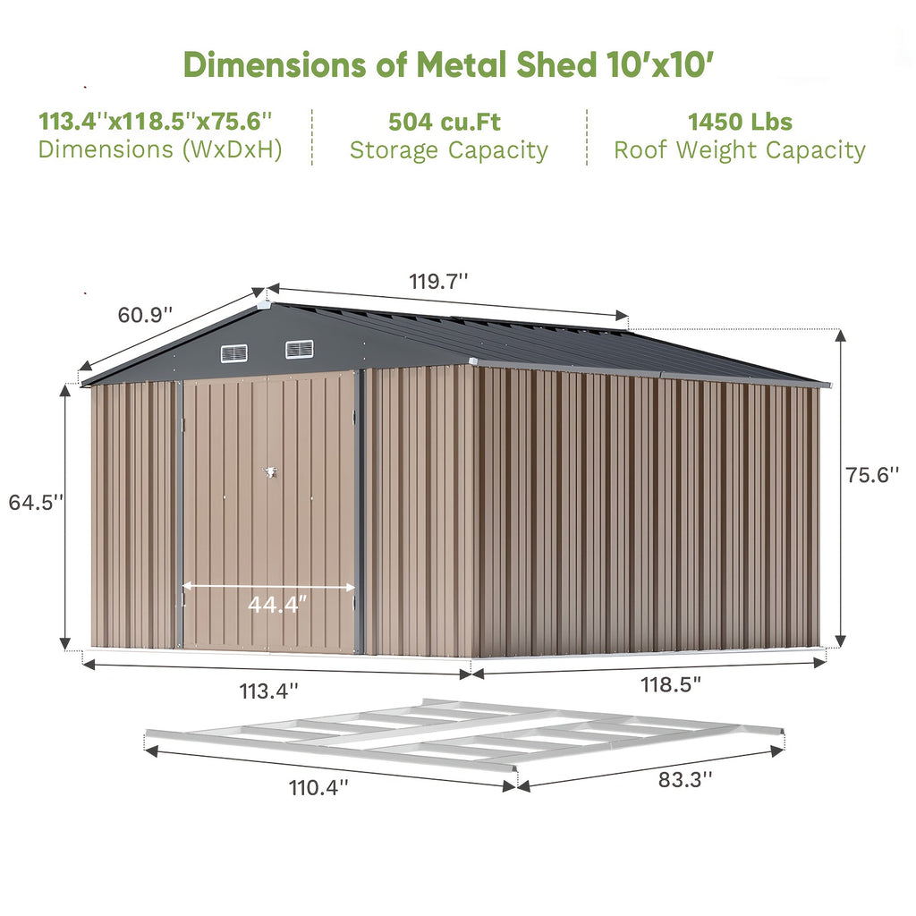 10 X 10ft Metal Storage Shed with Frame Floor and Goods Shelf