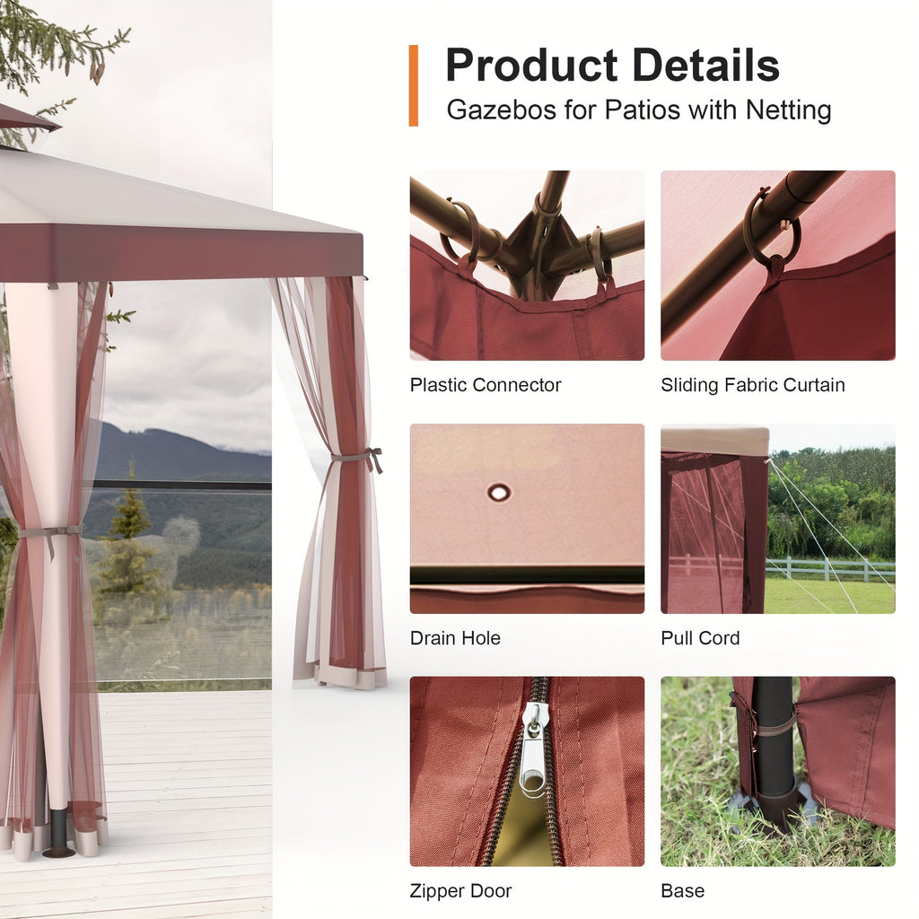 Extra Large 10x10ft Gazebo with Mosquito Netting - Heavy-Duty Steel Frame, Beige// Brown Canopy, Semi- Mesh Sidewalls - Easy Assembly