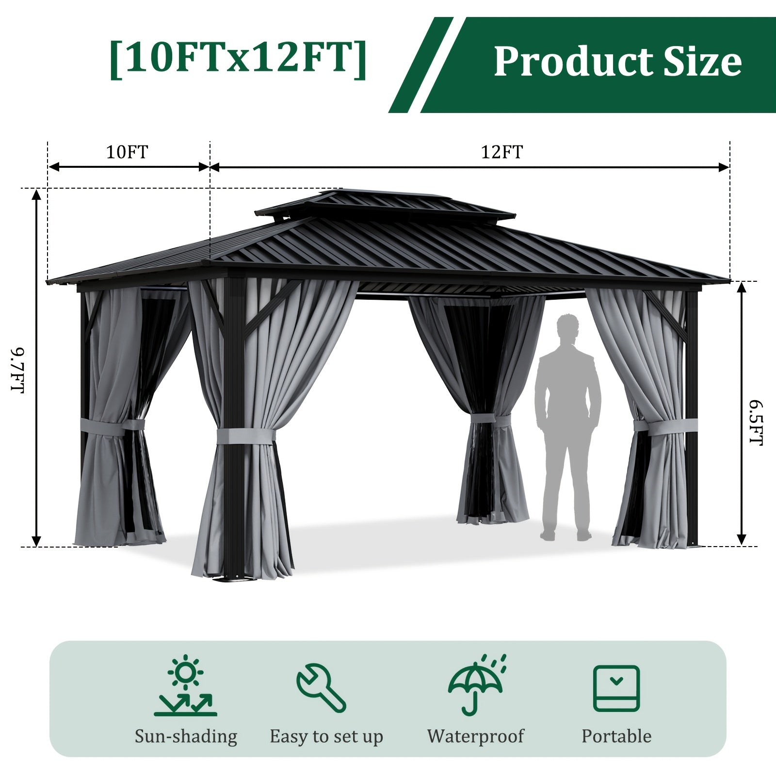 Hardtop Gazebo, Polycarbonate, 10x12FT Heavy Duty Double Roof Hardtop with Aluminum Frame, Privacy Screen, Netting and Curtains