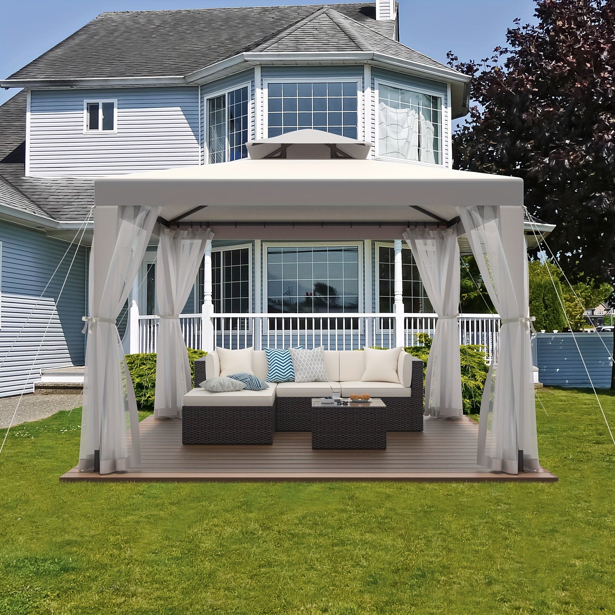 Extra Large 10x10ft Gazebo with Mosquito Netting - Heavy-Duty Steel Frame, Beige// Brown Canopy, Semi- Mesh Sidewalls - Easy Assembly