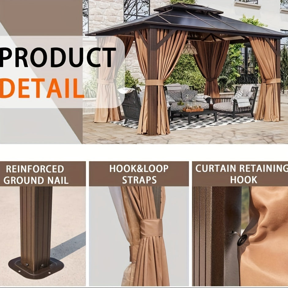 Hardtop Gazebo, Polycarbonate, 10x12FT Heavy Duty Double Roof Hardtop with Aluminum Frame, Privacy Screen, Netting and Curtains