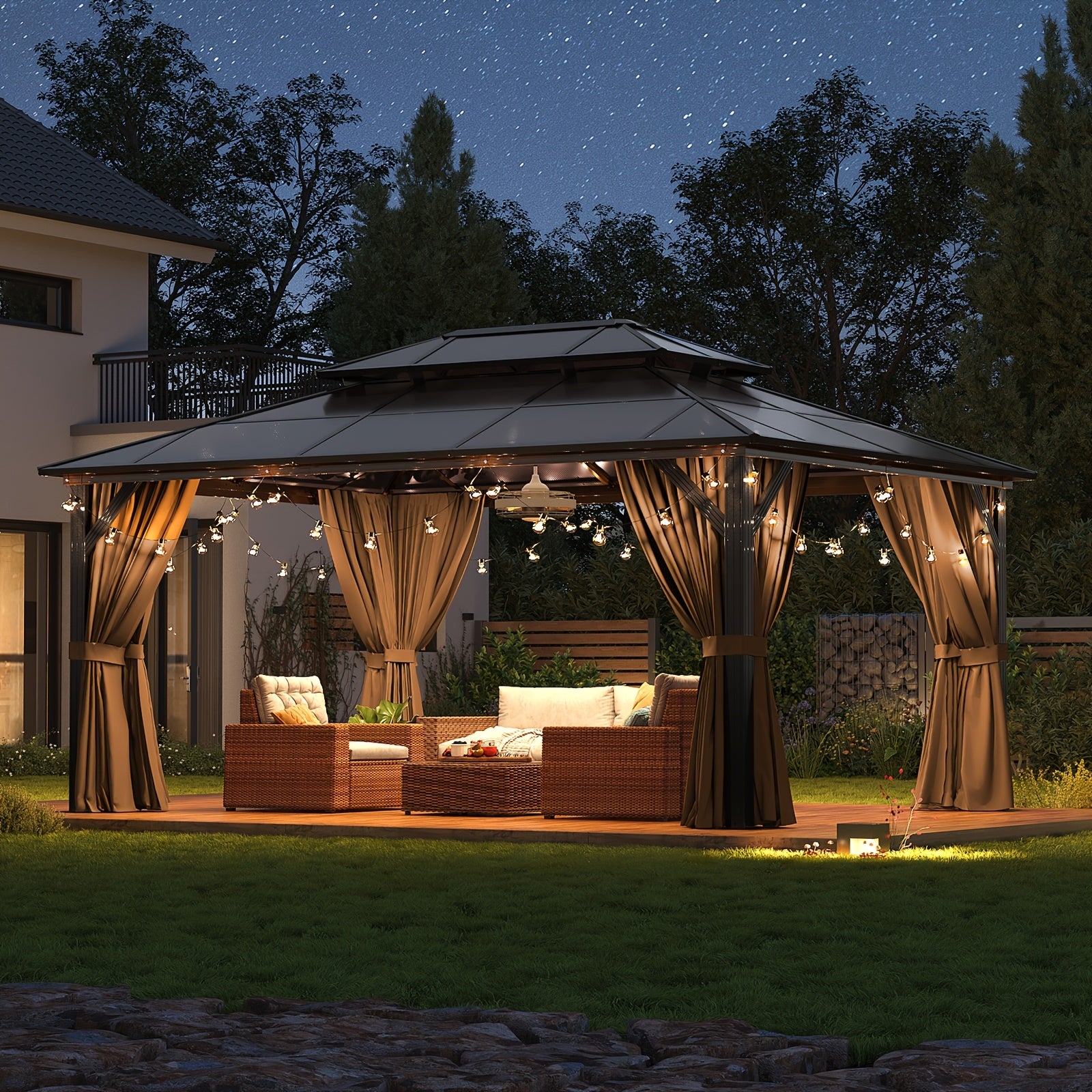 Hardtop Gazebo, Polycarbonate, 10x12FT Heavy Duty Double Roof Hardtop with Aluminum Frame, Privacy Screen, Netting and Curtains