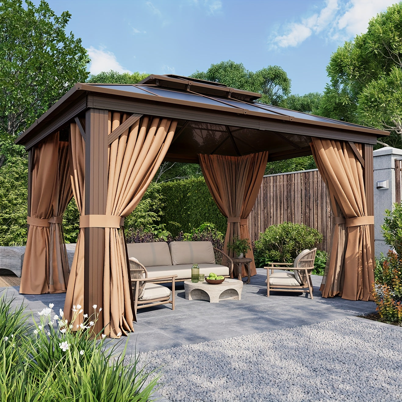 Hardtop Gazebo, Polycarbonate, 10x12FT Heavy Duty Double Roof Hardtop with Aluminum Frame, Privacy Screen, Netting and Curtains