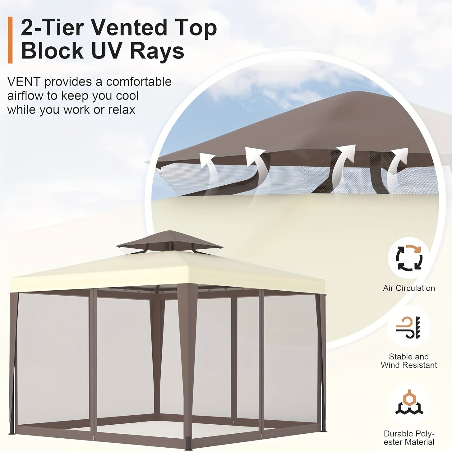 Extra Large 10x10ft Gazebo with Mosquito Netting - Heavy-Duty Steel Frame, Beige// Brown Canopy, Semi- Mesh Sidewalls - Easy Assembly