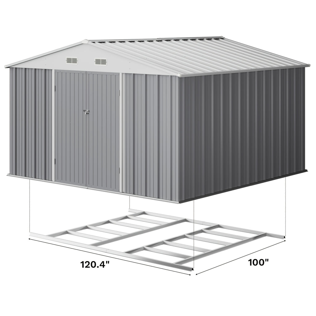 10 X 10ft Metal Storage Shed with Frame Floor and Goods Shelf