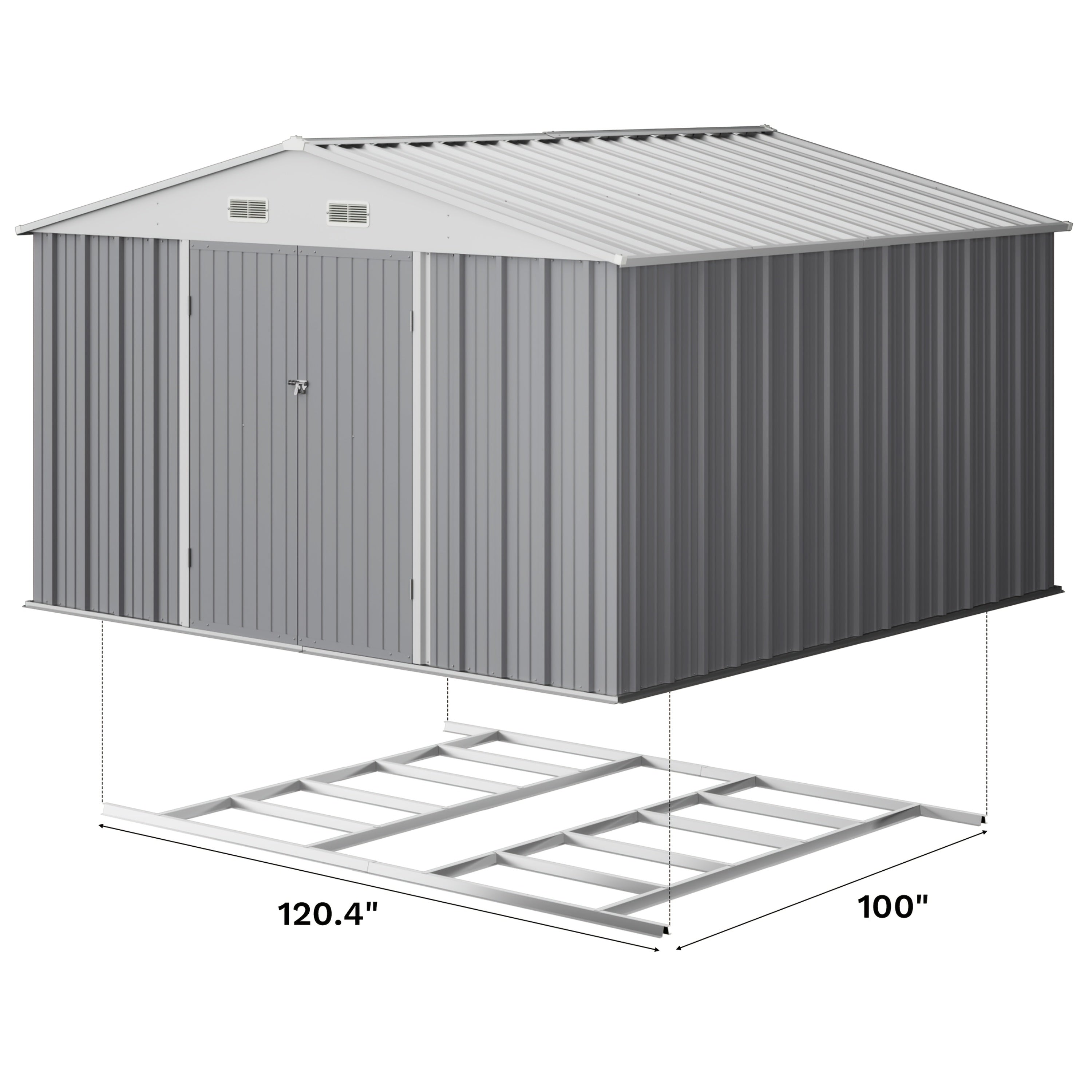 10 X 10ft Metal Storage Shed with Frame Floor and Goods Shelf