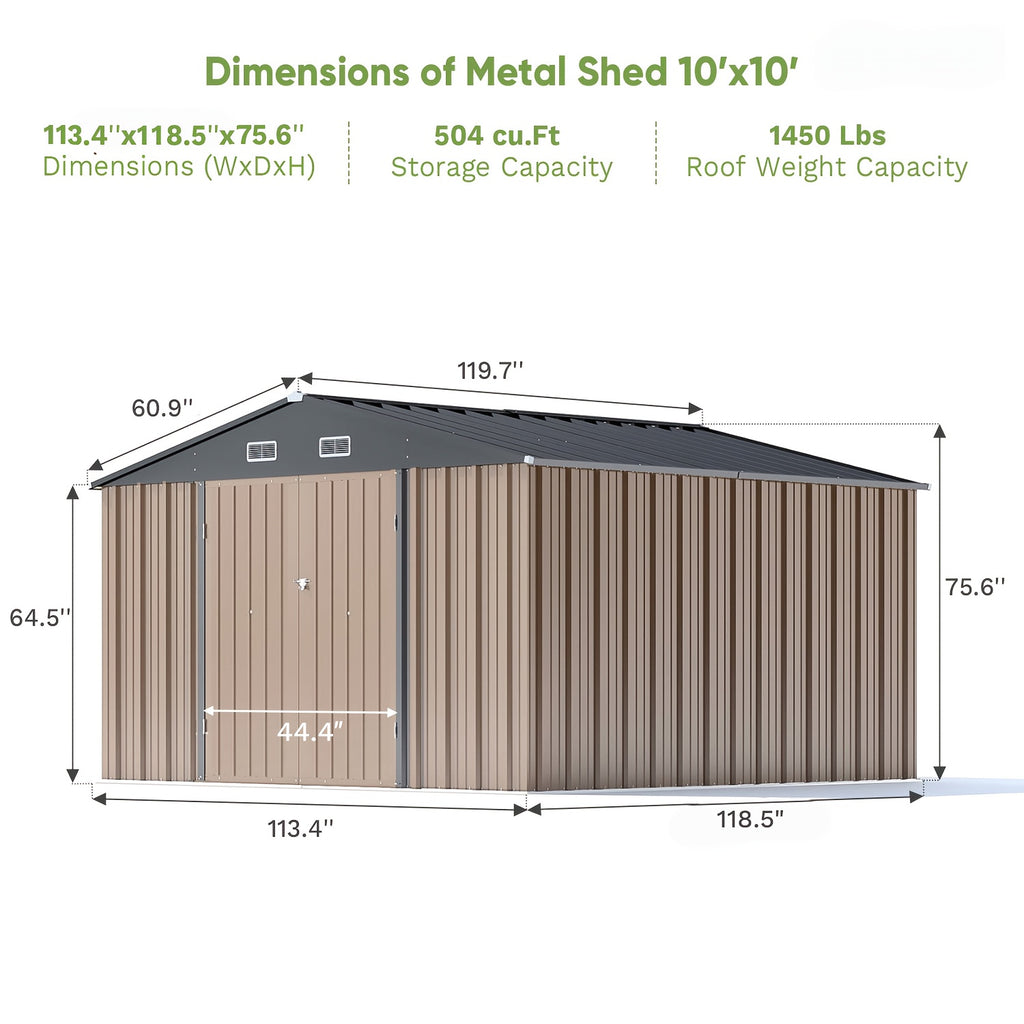 10 X 10ft Metal Storage Shed with Frame Floor and Goods Shelf