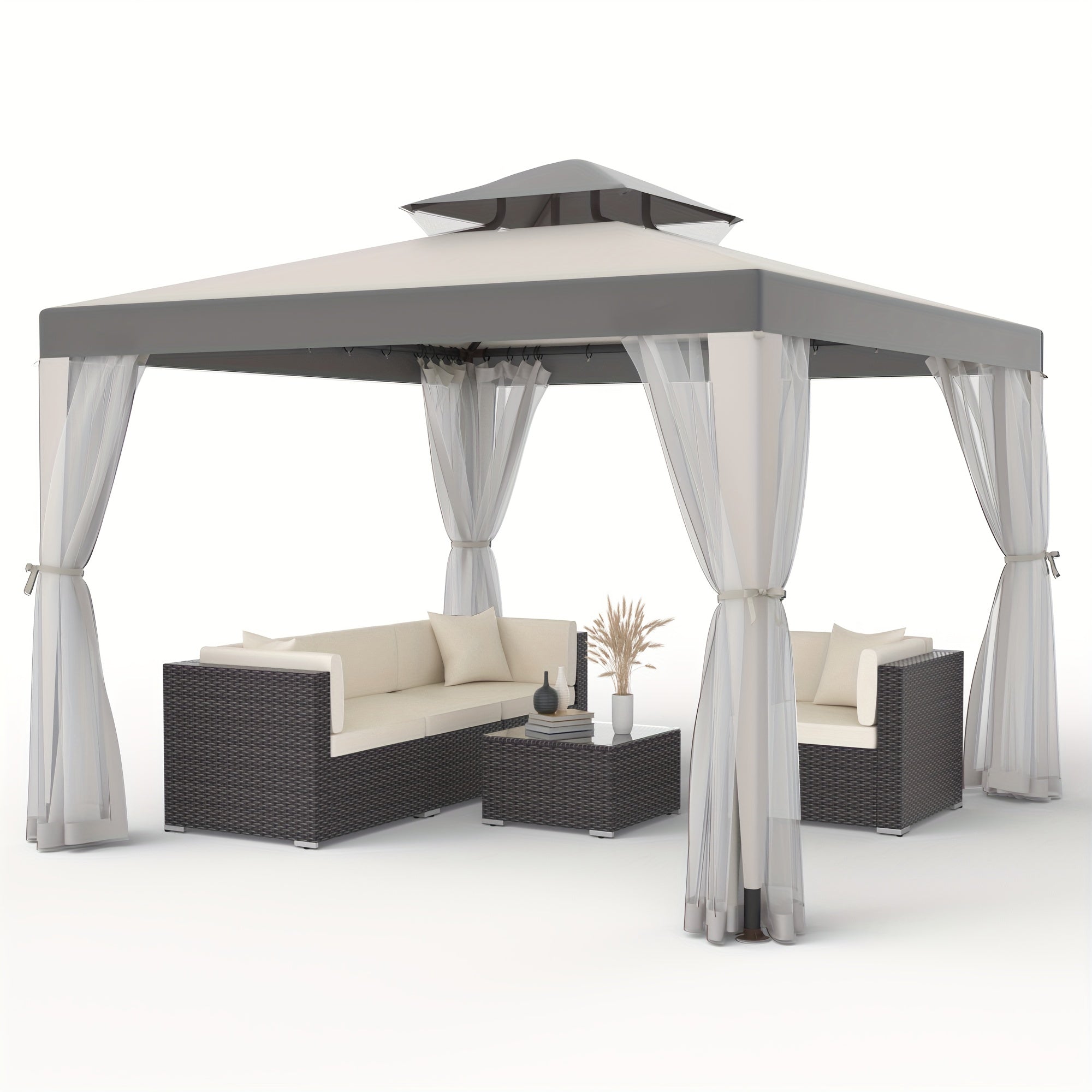 Extra Large 10x10ft Gazebo with Mosquito Netting - Heavy-Duty Steel Frame, Beige// Brown Canopy, Semi- Mesh Sidewalls - Easy Assembly