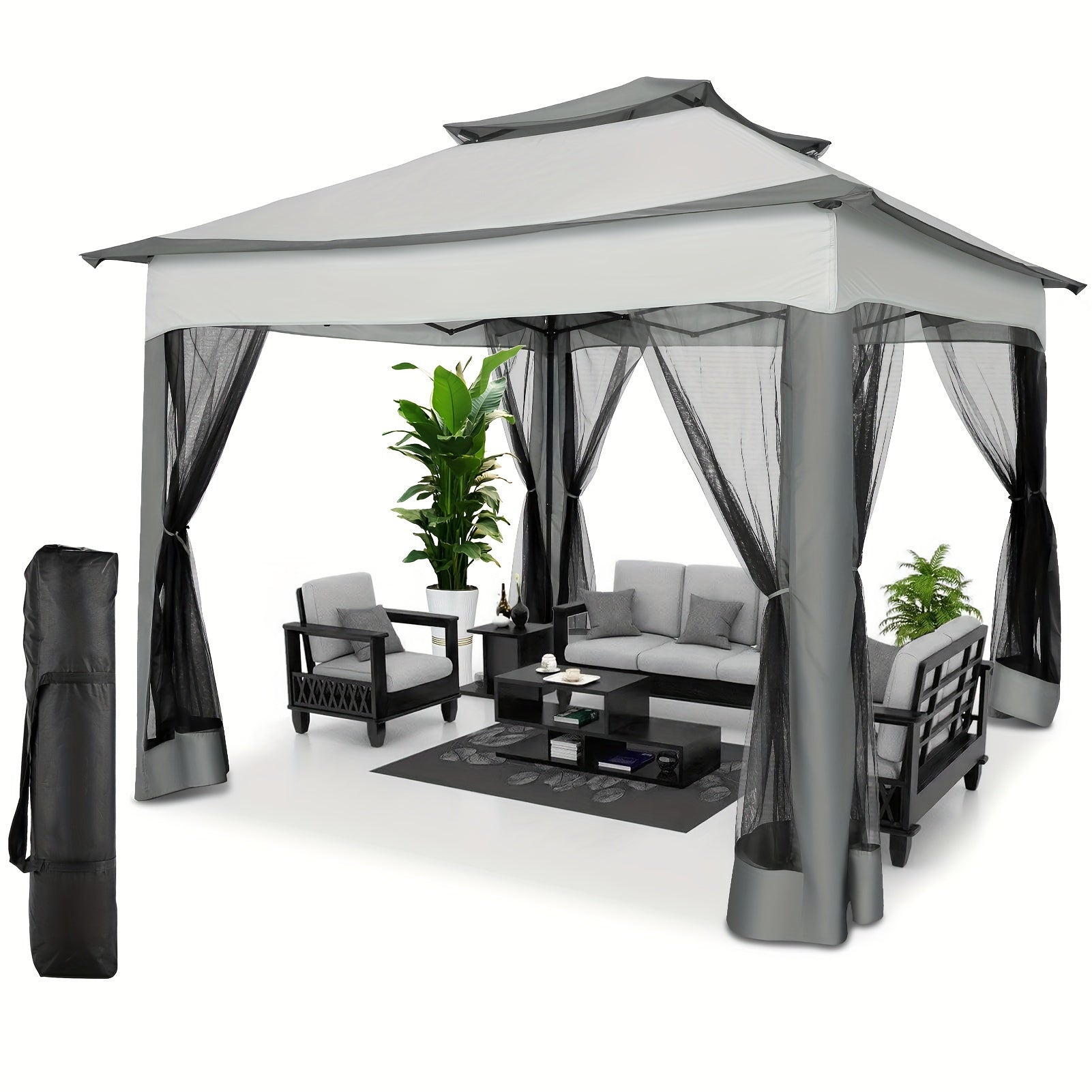 10x10ft Outdoor Gazebo with Mosquito Netting And Double Roof, Easy Set Water-Resistant Metal Gazebo with Alloy Frame