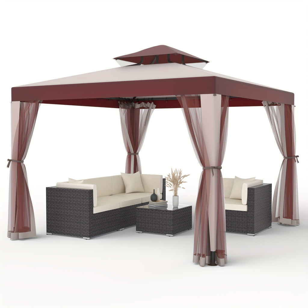 Extra Large 10x10ft Gazebo with Mosquito Netting - Heavy-Duty Steel Frame, Beige// Brown Canopy, Semi- Mesh Sidewalls - Easy Assembly