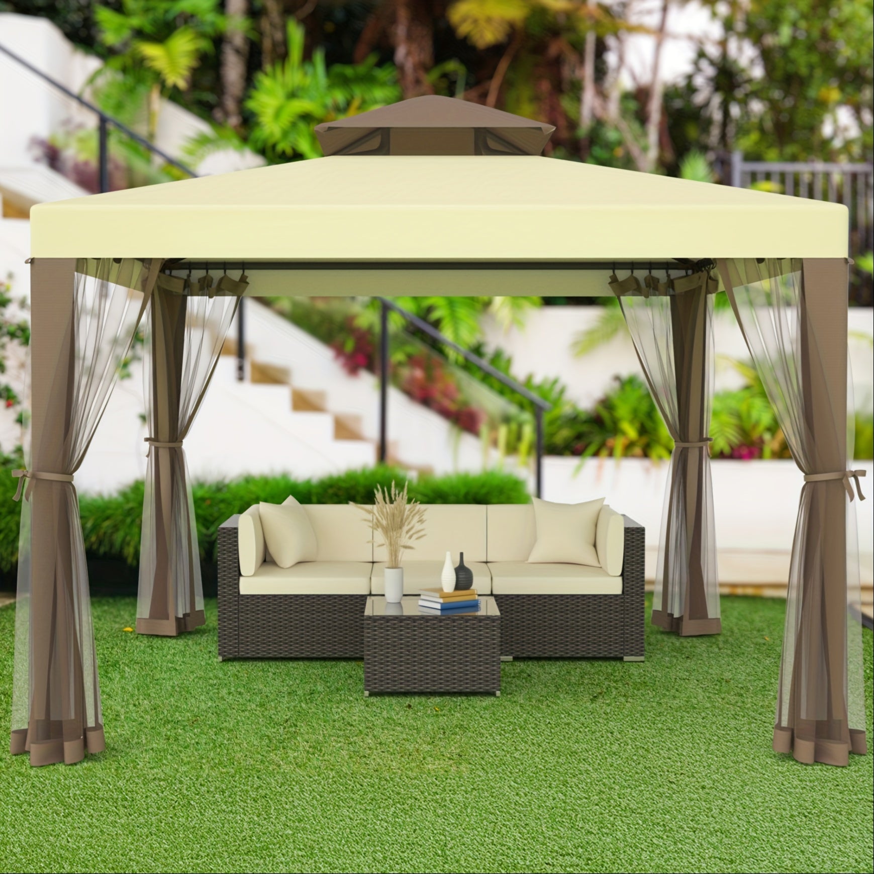 Extra Large 10x10ft Gazebo with Mosquito Netting - Heavy-Duty Steel Frame, Beige// Brown Canopy, Semi- Mesh Sidewalls - Easy Assembly