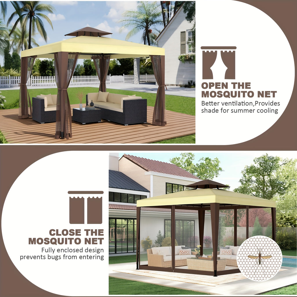 Extra Large 10x10ft Gazebo with Mosquito Netting - Heavy-Duty Steel Frame, Beige// Brown Canopy, Semi- Mesh Sidewalls - Easy Assembly