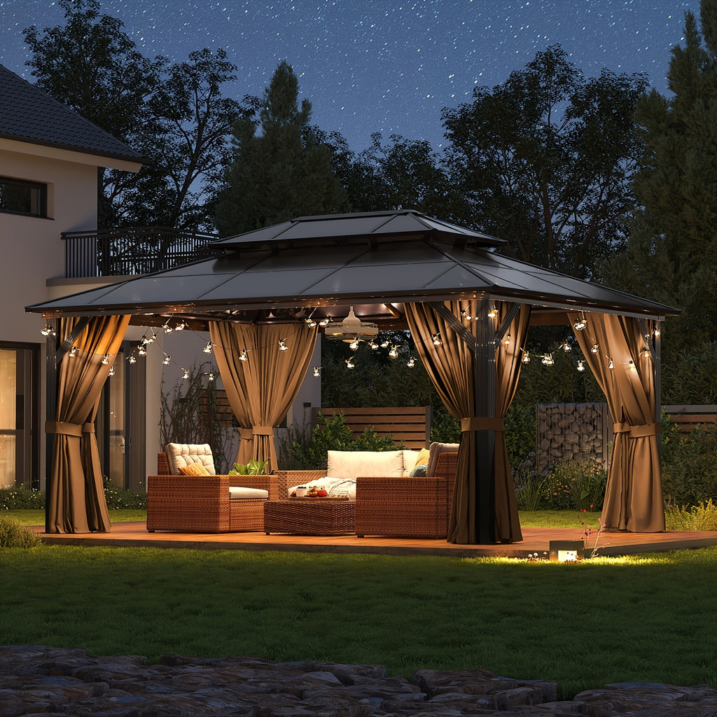 Hardtop Gazebo, Polycarbonate, 10x12FT Heavy Duty Double Roof Hardtop with Aluminum Frame, Privacy Screen, Netting and Curtains