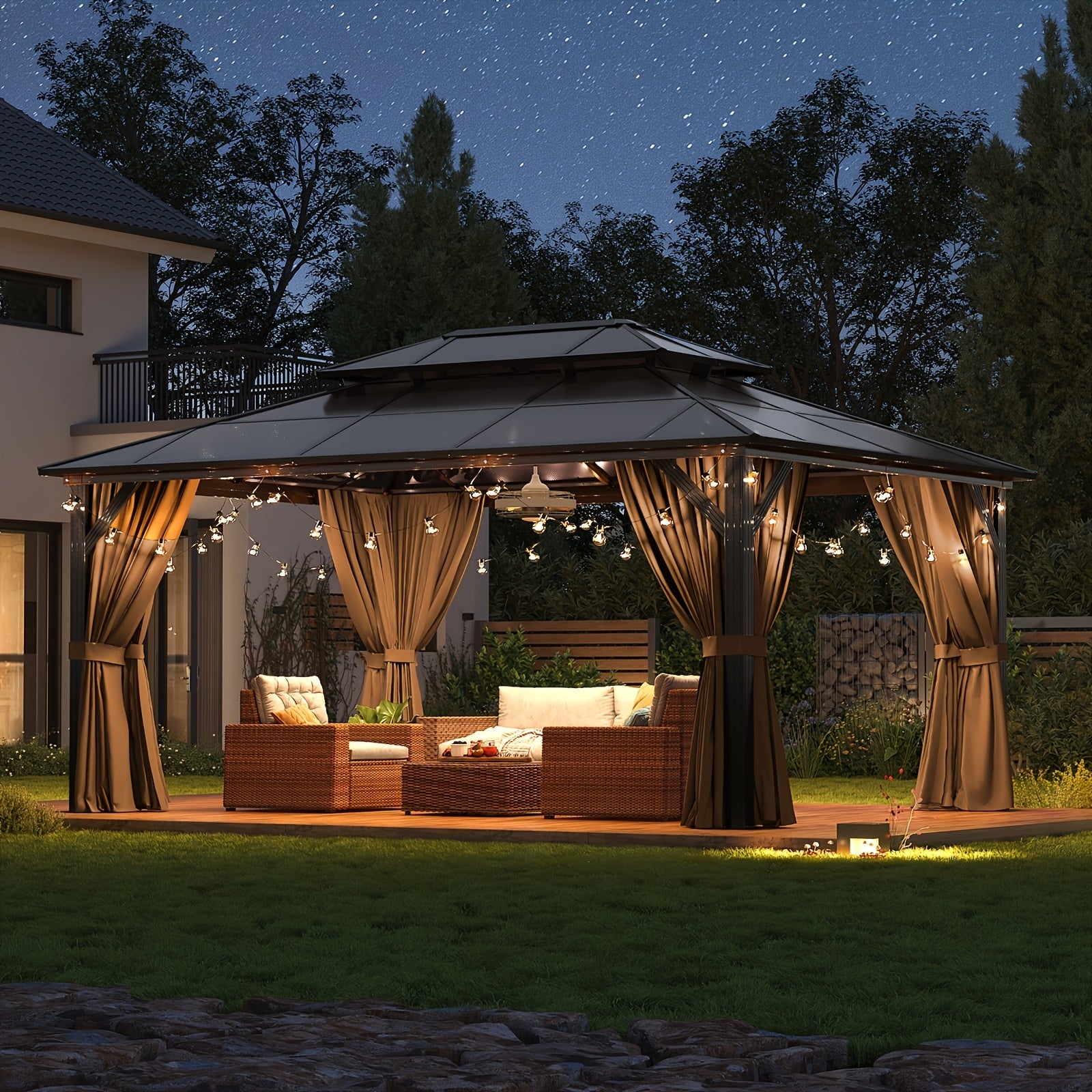 Hardtop Gazebo, Polycarbonate, 10x12FT Heavy Duty Double Roof Hardtop with Aluminum Frame, Privacy Screen, Netting and Curtains