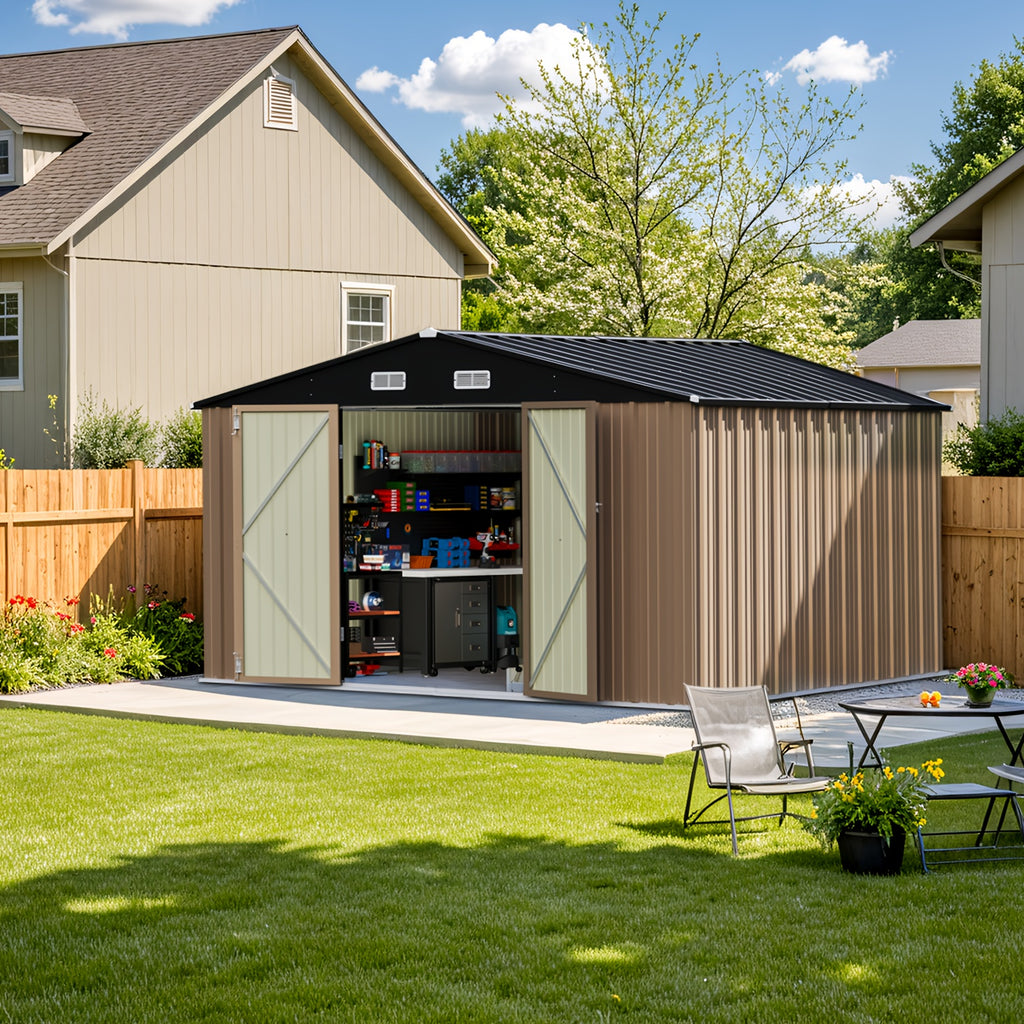 10 X 10ft Metal Storage Shed with Frame Floor and Goods Shelf