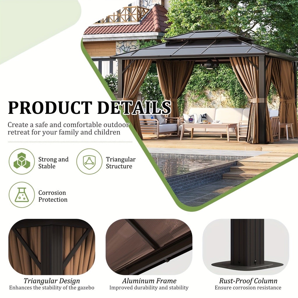 Hardtop Gazebo, Polycarbonate, 10x12FT Heavy Duty Double Roof Hardtop with Aluminum Frame, Privacy Screen, Netting and Curtains