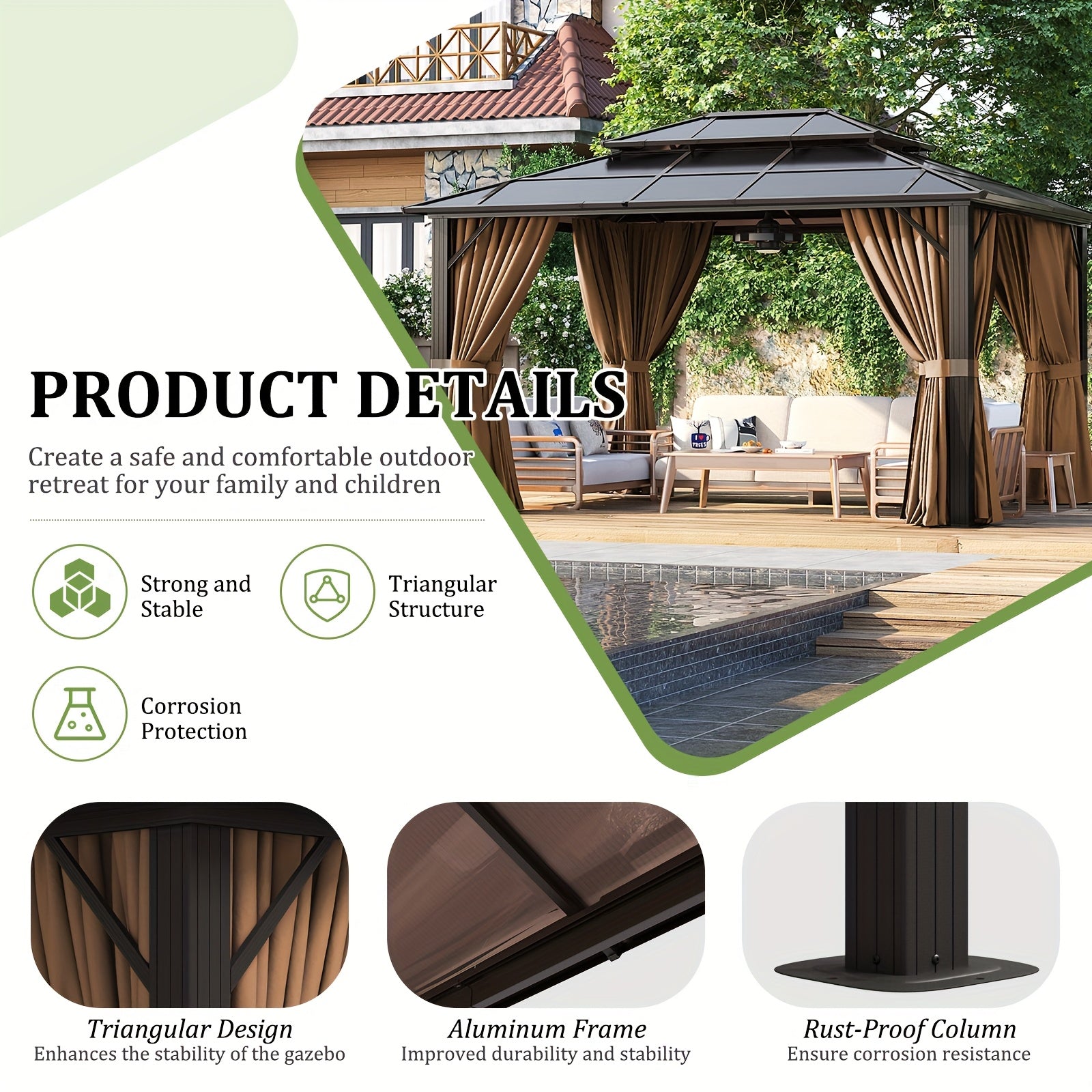 Hardtop Gazebo, Polycarbonate, 10x12FT Heavy Duty Double Roof Hardtop with Aluminum Frame, Privacy Screen, Netting and Curtains