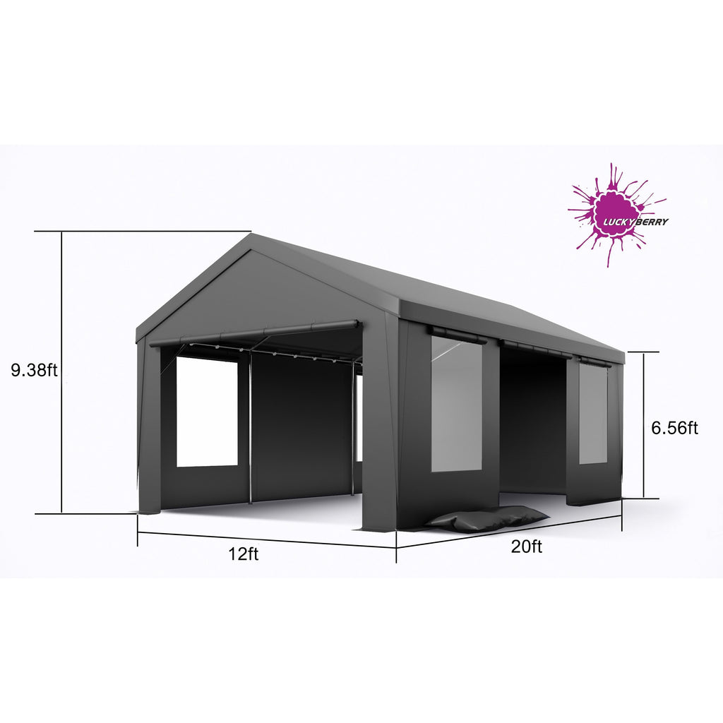 12x20 ft Heavy Duty Carport with Roll-up Windows, with Removable Sidewalls & Doors, All Season