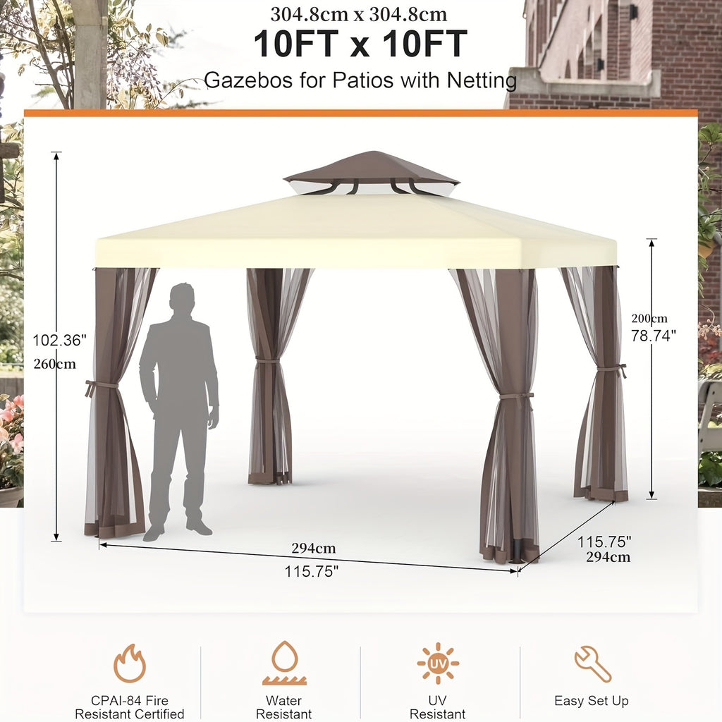 Extra Large 10x10ft Gazebo with Mosquito Netting - Heavy-Duty Steel Frame, Beige// Brown Canopy, Semi- Mesh Sidewalls - Easy Assembly