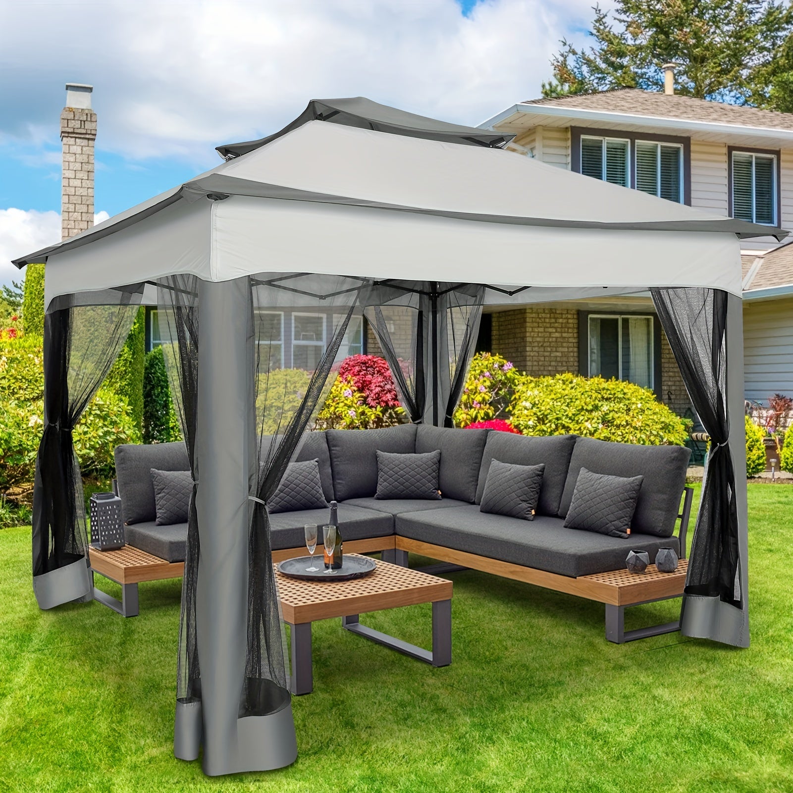 10x10ft Outdoor Gazebo with Mosquito Netting And Double Roof, Easy Set Water-Resistant Metal Gazebo with Alloy Frame