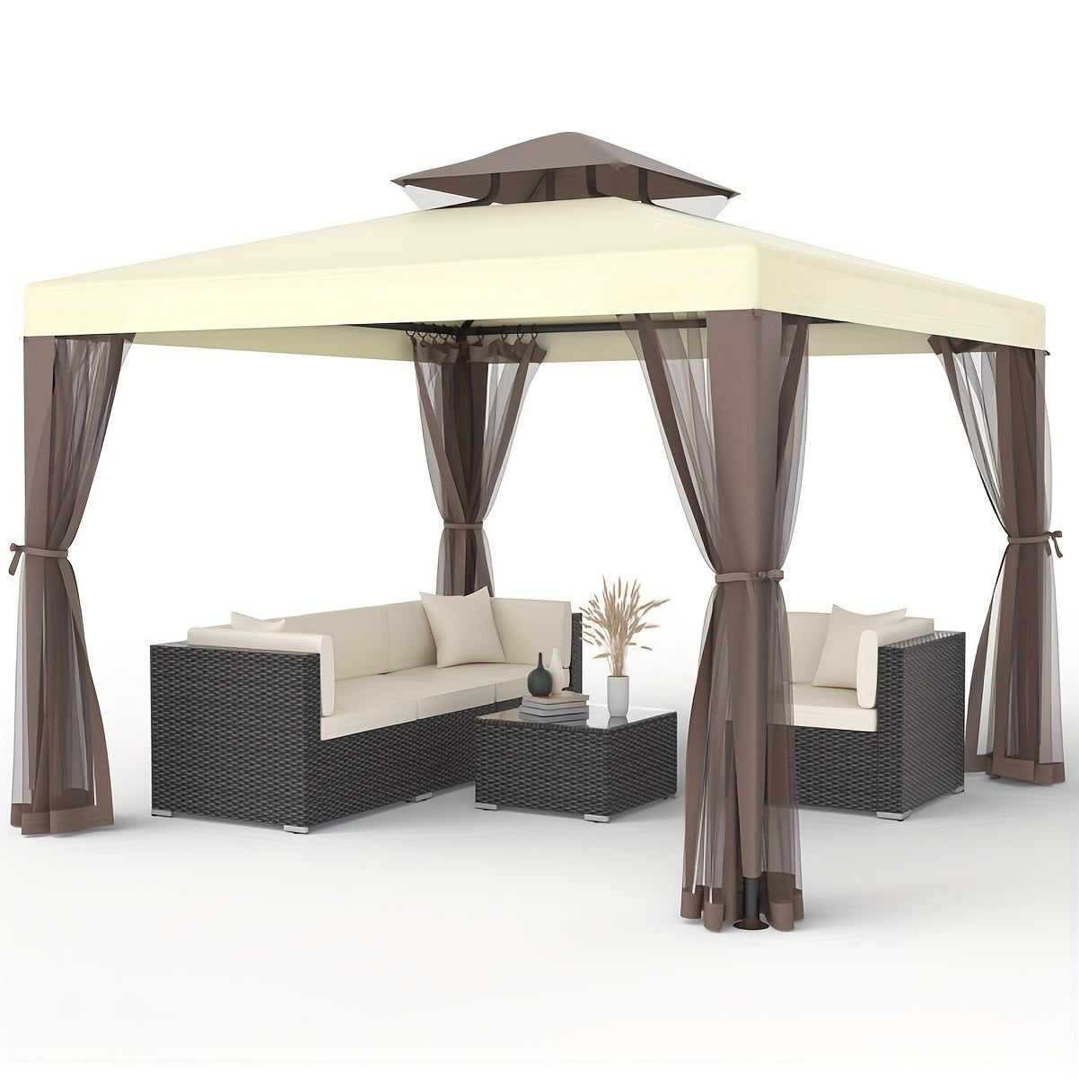 Extra Large 10x10ft Gazebo with Mosquito Netting - Heavy-Duty Steel Frame, Beige// Brown Canopy, Semi- Mesh Sidewalls - Easy Assembly