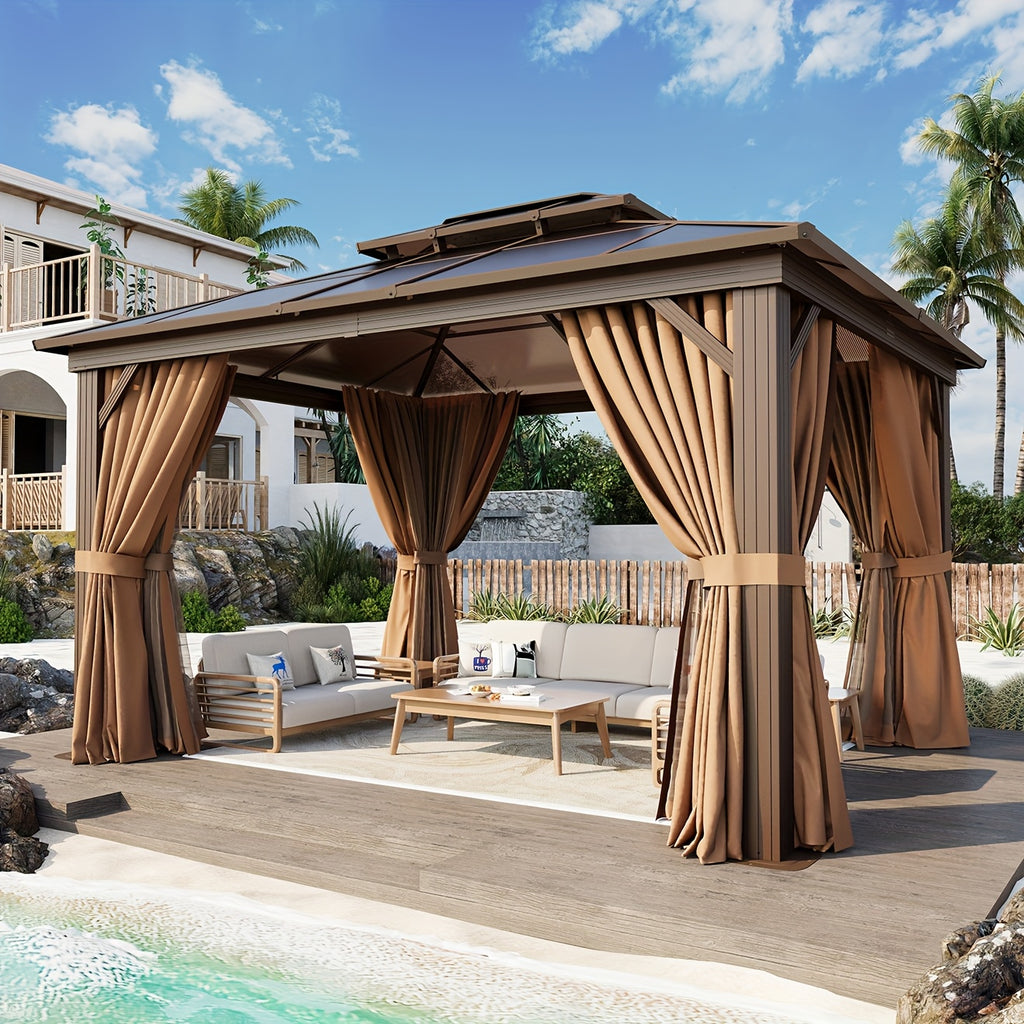 Hardtop Gazebo, Polycarbonate, 10x12FT Heavy Duty Double Roof Hardtop with Aluminum Frame, Privacy Screen, Netting and Curtains